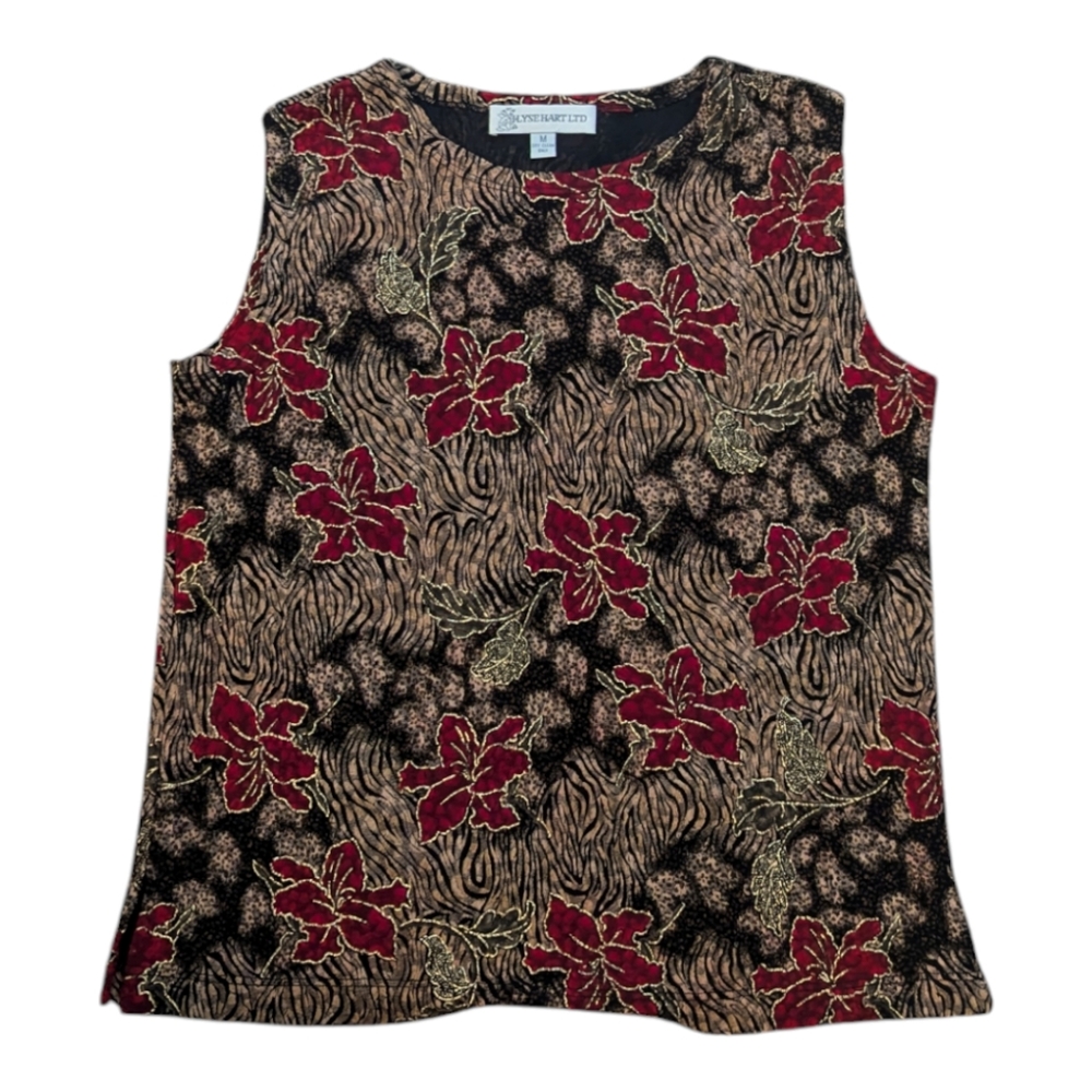 Vintage ILYSE HART LTD Pointsetta Animal Print Tunic Sides Tank Top Women's M